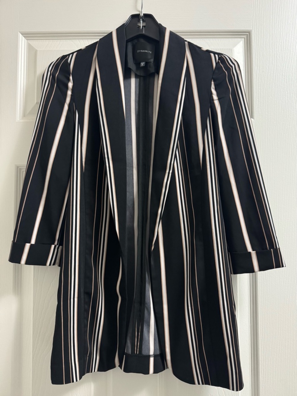 Dynamite Black, White & Cream Vertical Stripe Open Boyfriend Blazer